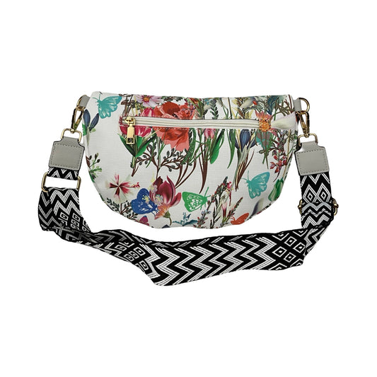 Bagsiden af blomstret bæltetaske / bumbag med grå detaljer – lynlåslomme bagpå synlig