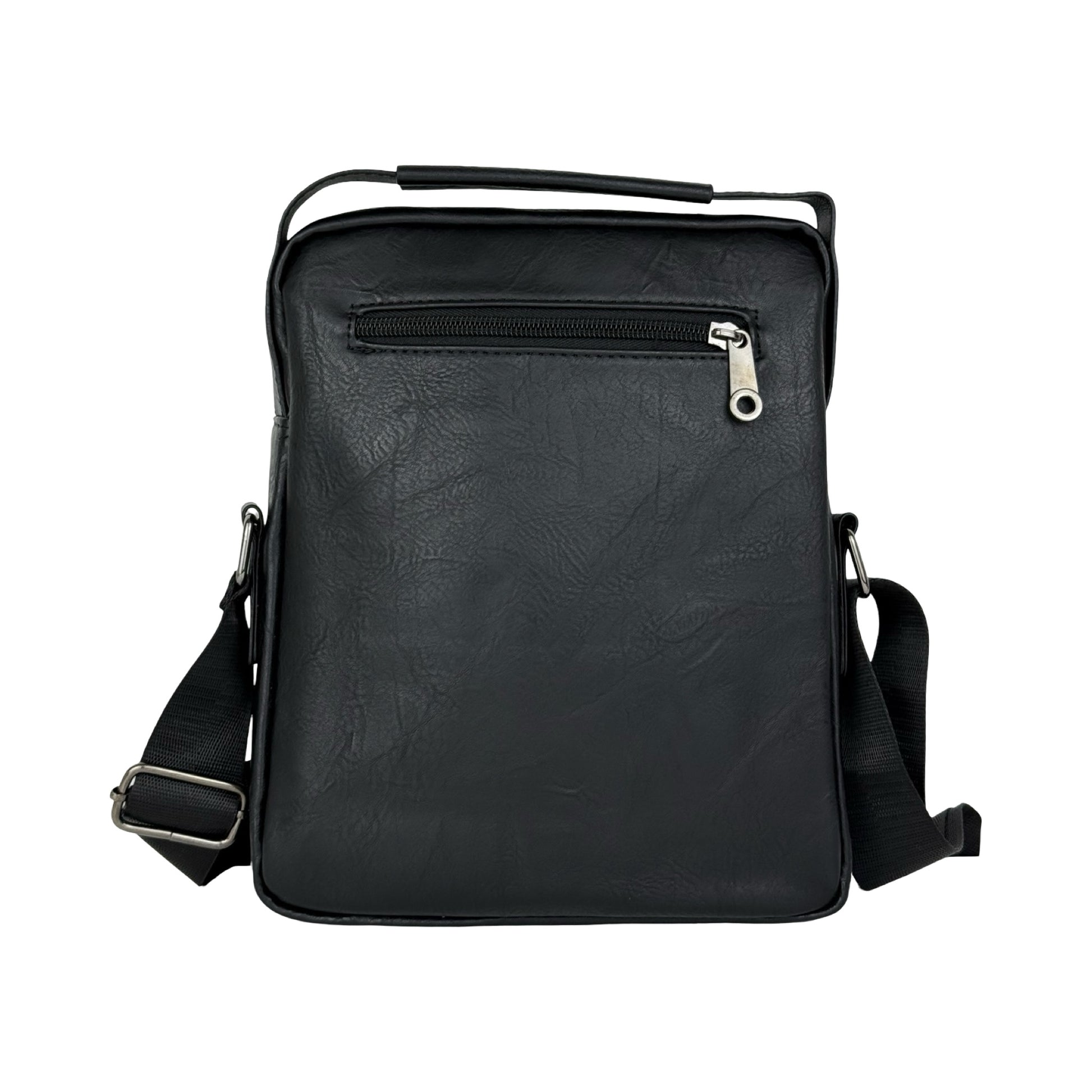 Unisex Messenger Taske i sort set bagfra med lynlåslomme på bagsiden.