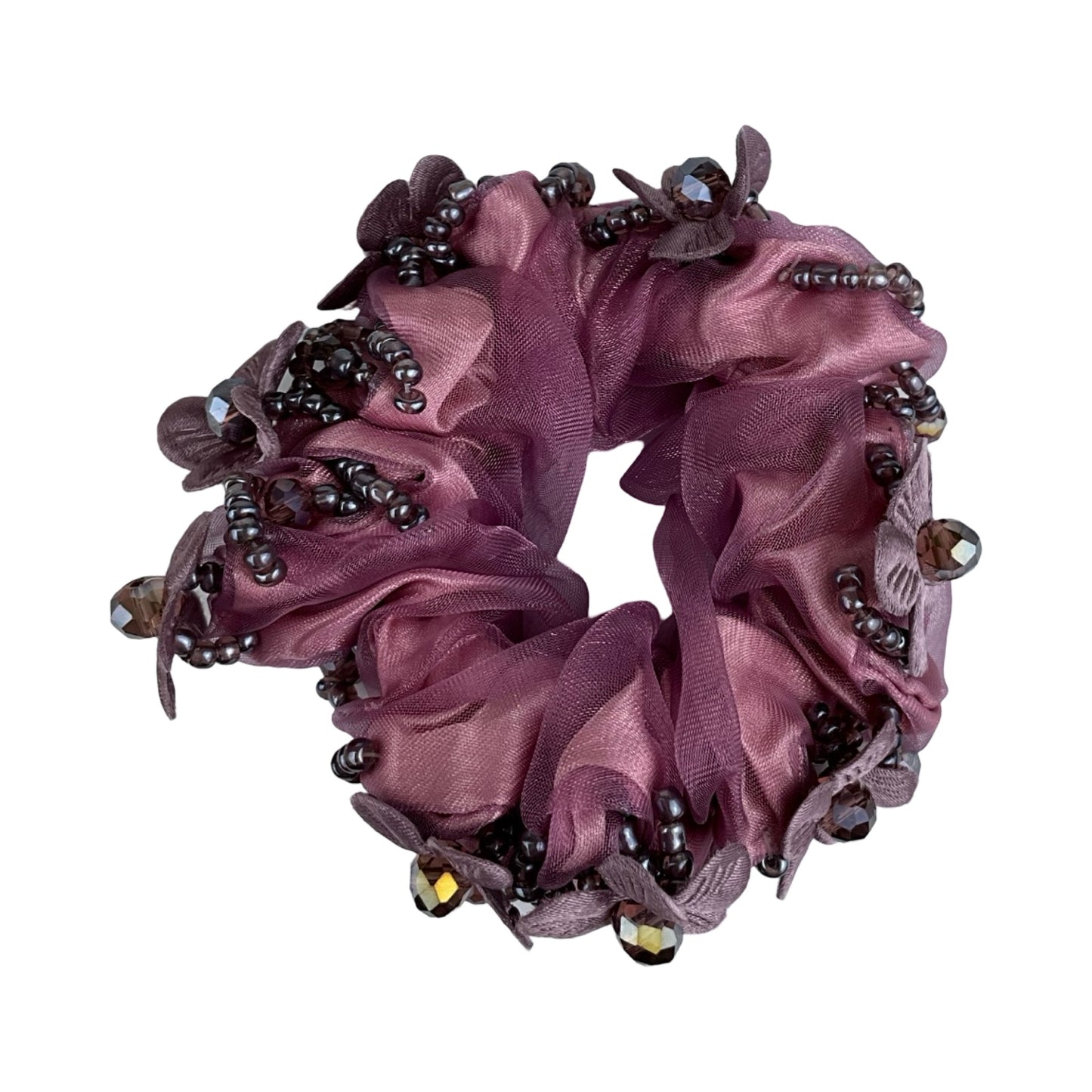 Elegant Scrunchie med Blomster og Sten Rundt Omkring Lyselilla
