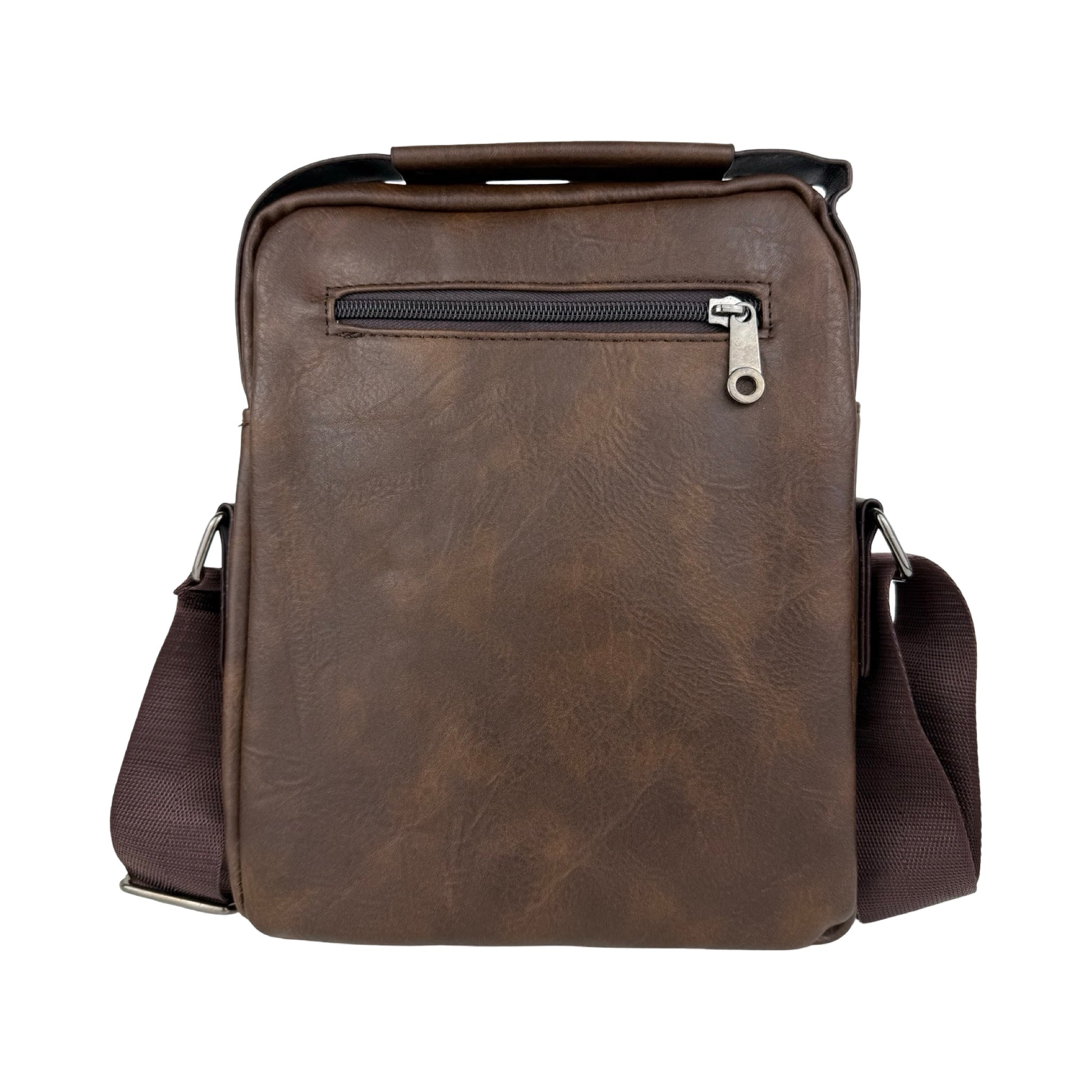 Unisex Messenger Taske i mørkebrun set bagfra med lynlåslomme på bagsiden.