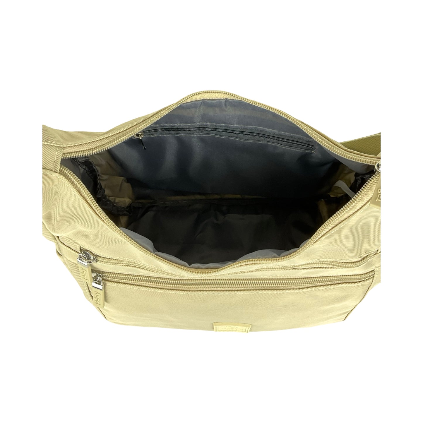 MS Skuldertaske beige vises åben med indvendige rum og for – praktisk dame crossbody taske med god opdeling.