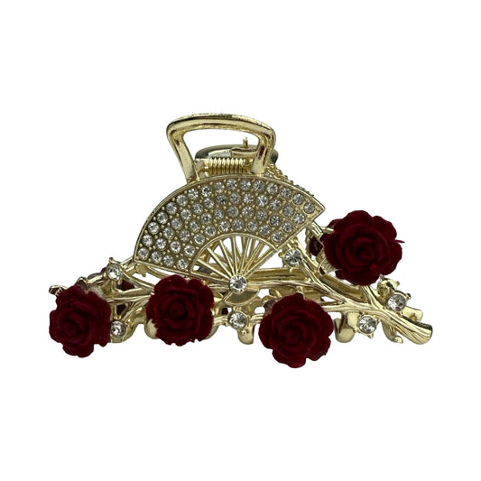 Medium guldfarvet hårklemme med vifte, roser og perlekæde | MAS SELECTION