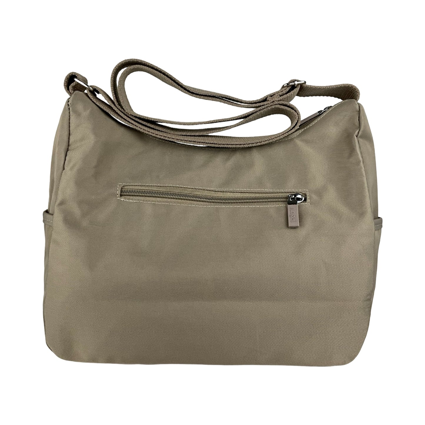 Bagsiden af MS Skuldertaske i beige med diskret baglomme – praktisk og stilren crossbody taske til damer.