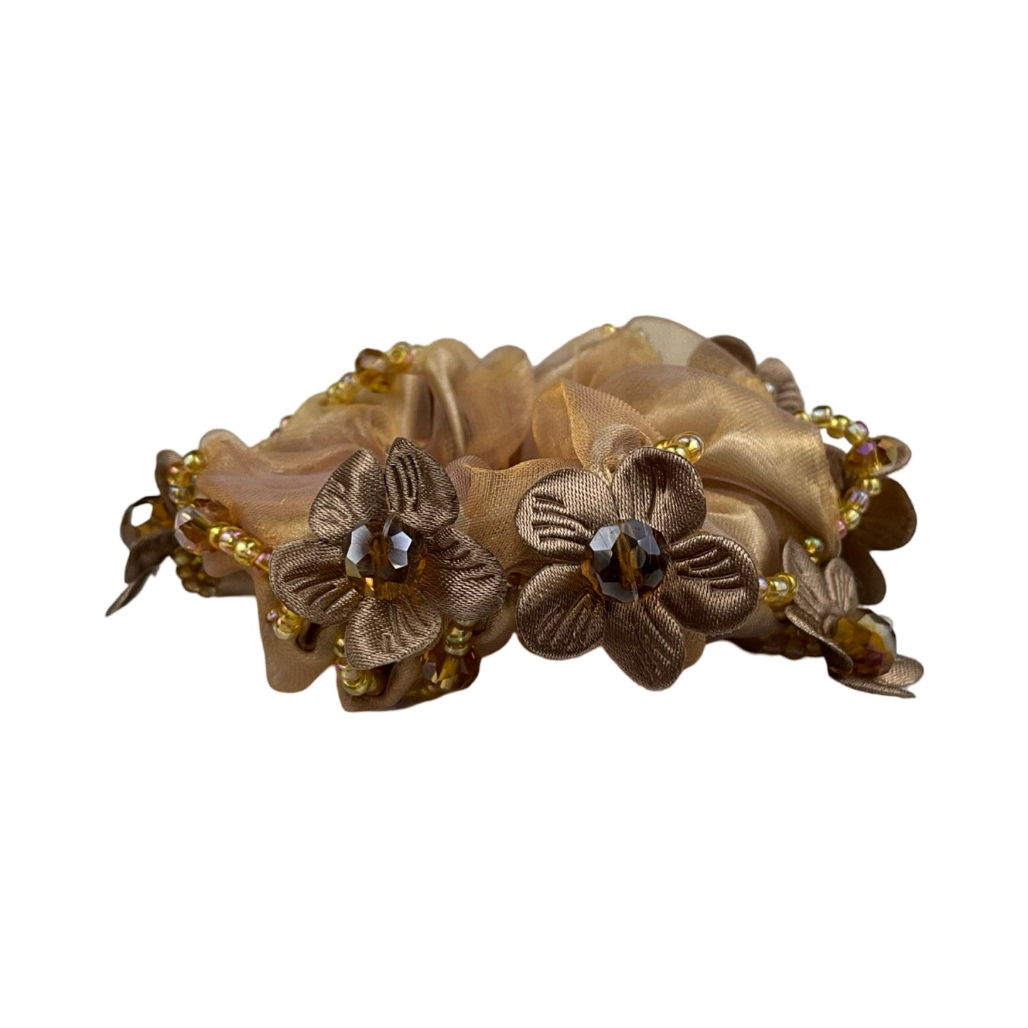 Elegant Scrunchie med Blomster og Sten Rundt Omkring Beige| MAS SELECTION