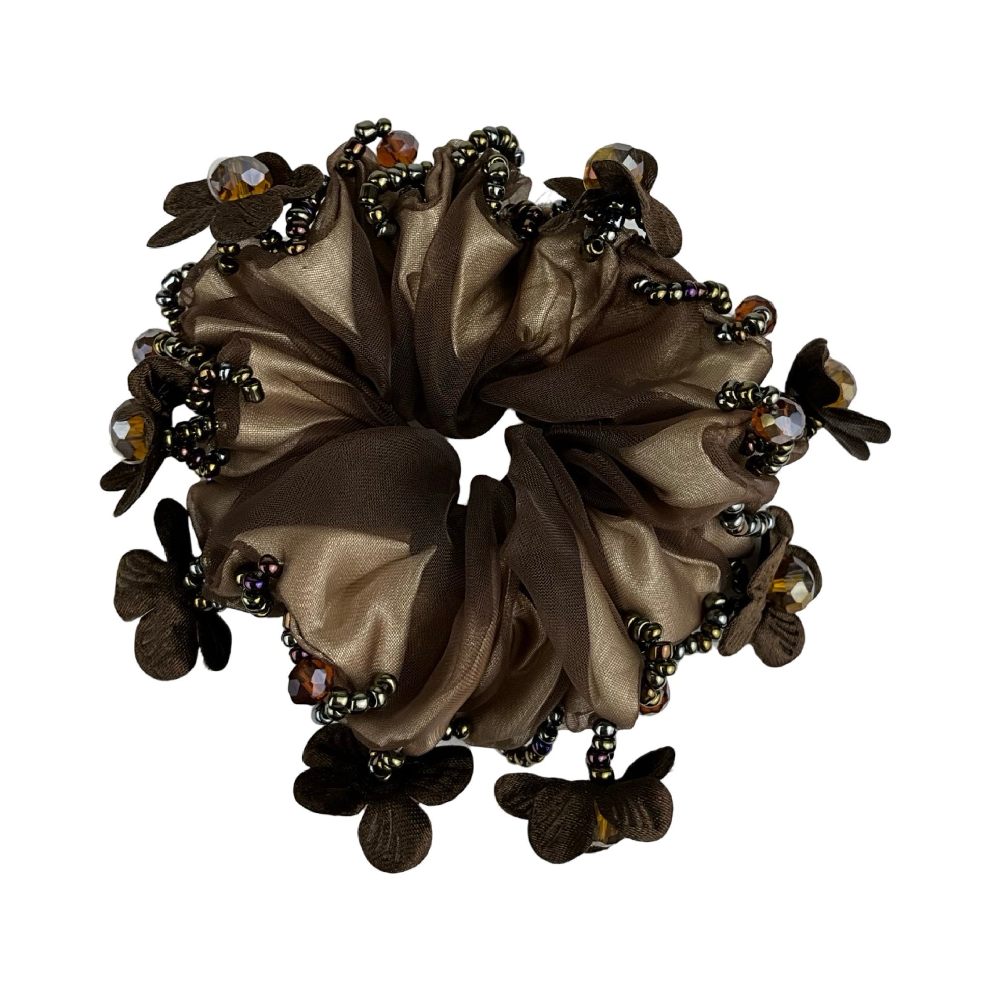 Elegant Scrunchie med Blomster og Sten Rundt Omkring Brun| MAS SELECTION