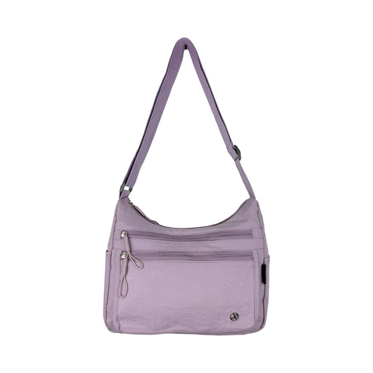 Forfra billede af Asta skuldertaske i lilla viser design og detaljer