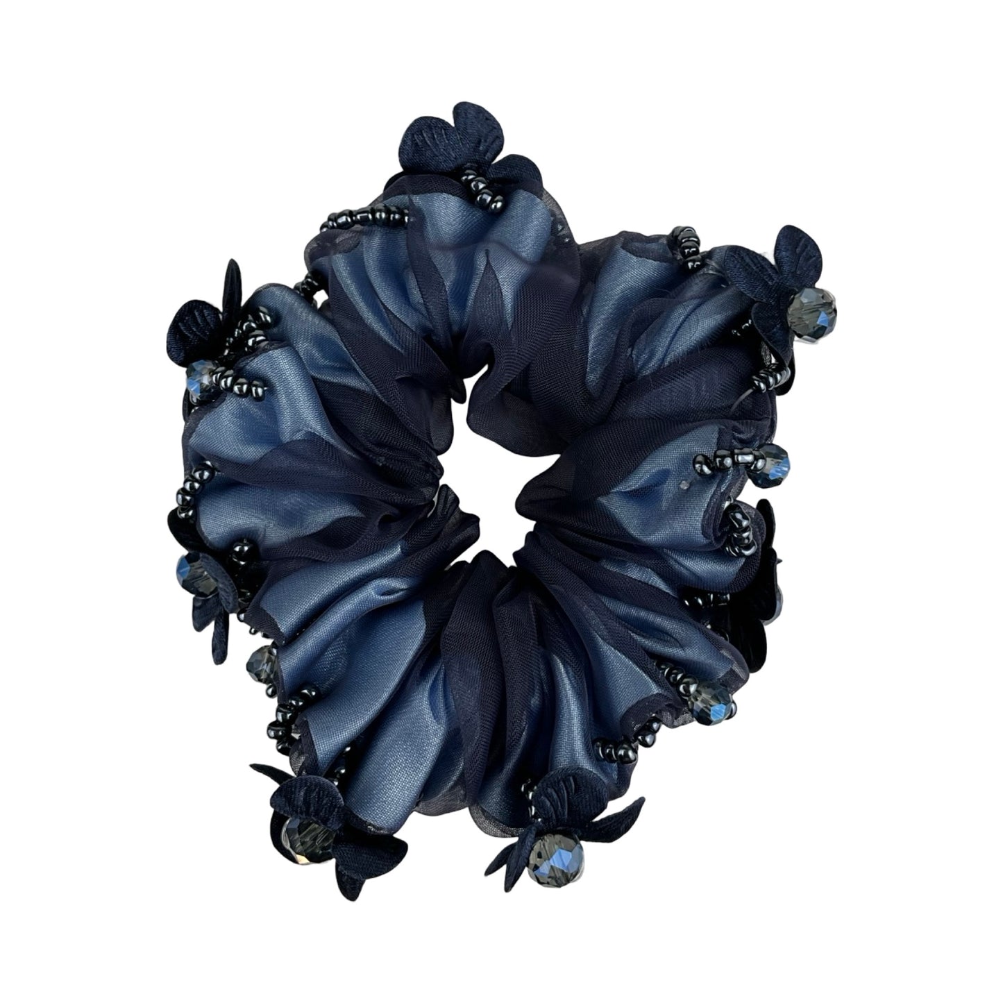 Elegant Scrunchie med Blomster og Sten Rundt Omkring Mørkeblå