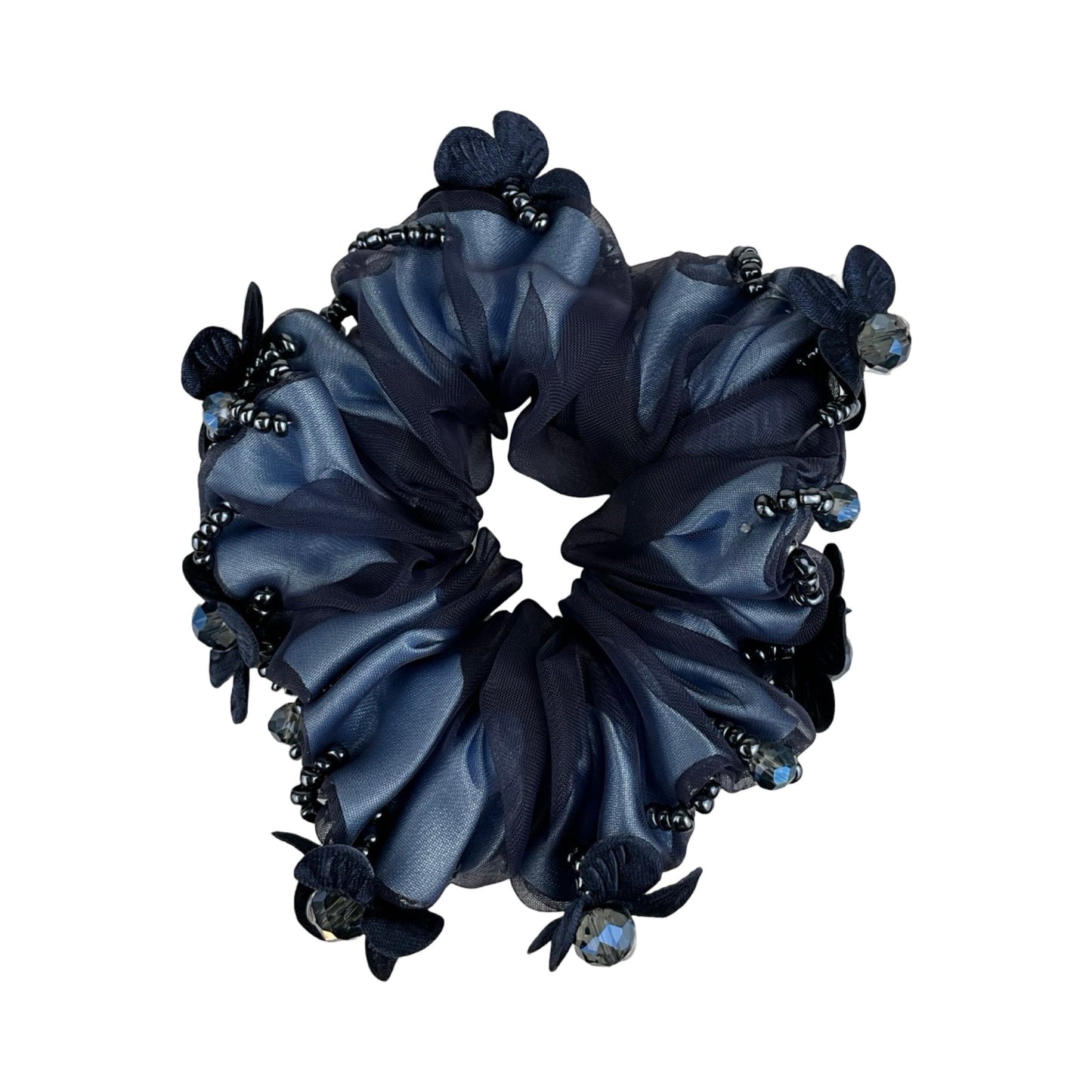 Elegant Scrunchie med Blomster og Sten Rundt Omkring Mørkeblå| MAS SELECTION