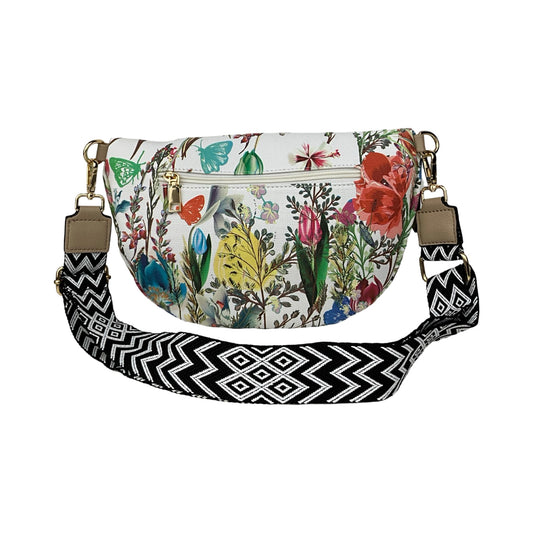 Bagside af blomstret bæltetaske / bumbag med khaki detaljer og lynlåslomme