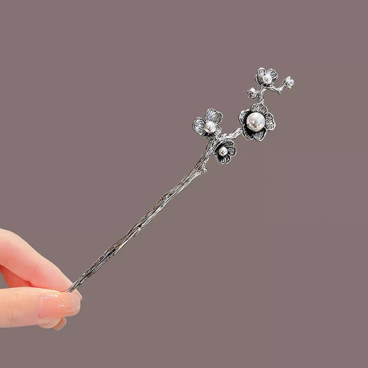 Antik Sølv Hårnål med Blomster og Perledesign