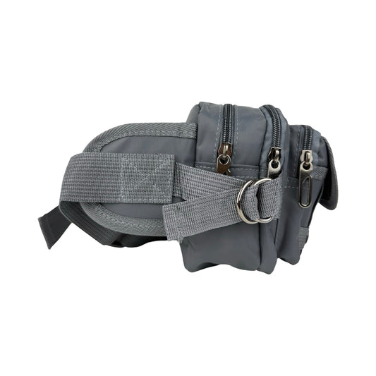 Bæltetaske i grå set fra siden.
