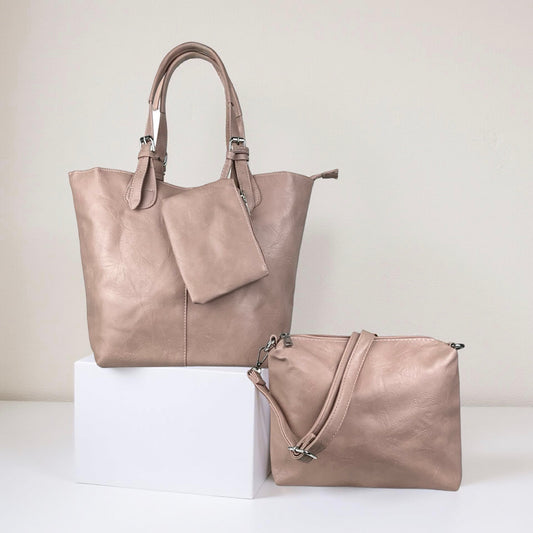 Alle tre dele af Elisa 3 i 1 dametaske i lyserød – shopper, skuldertaske og clutch vist samlet