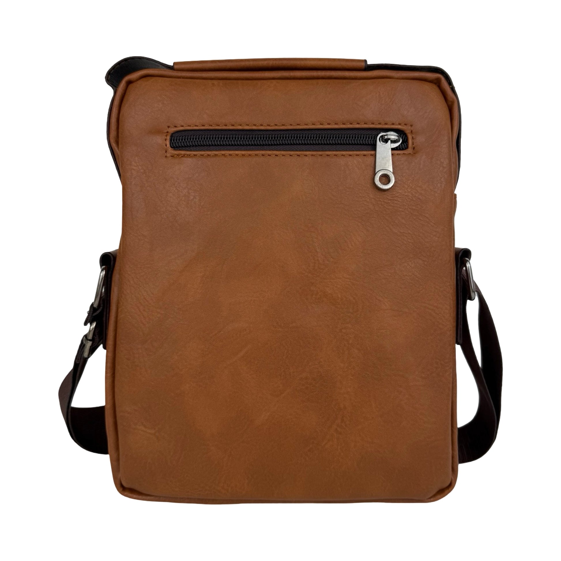 Unisex Messenger Taske i lysebrun set bagfra med lynlåslomme på bagsiden.
