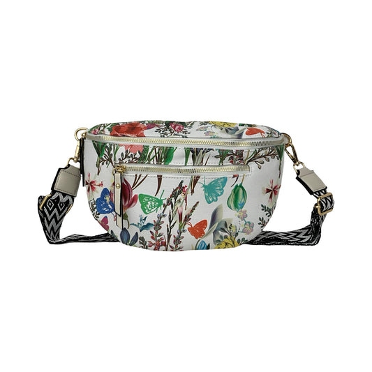 Blomstret bæltetaske / bumbag med beige detaljer – forsidebillede