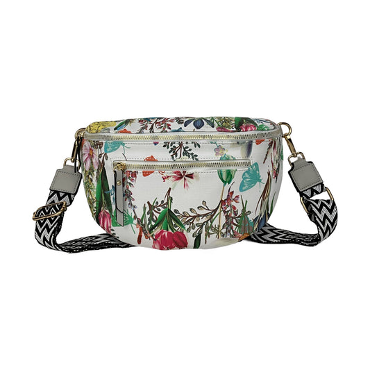 Blomstret bæltetaske / bumbag med grå detaljer – forsidebillede