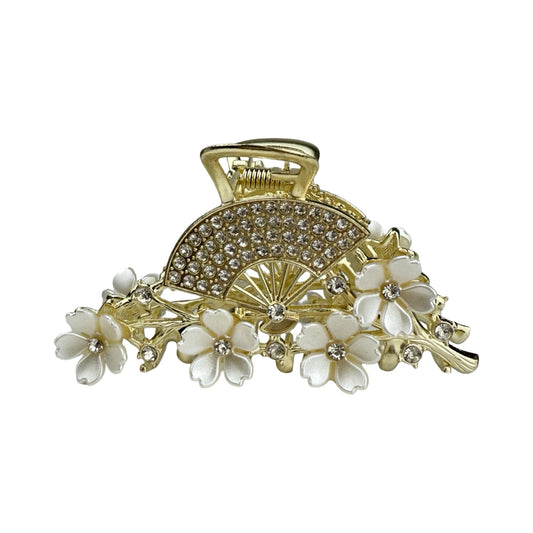 Medium guldfarvet hårklemme med vifte, blomster og perlekæde | MAS SELECTION