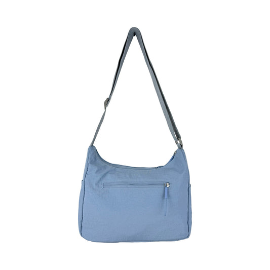 Billede af bagsiden på Asta skuldertaske i lyseblå – med lynlåslomme
