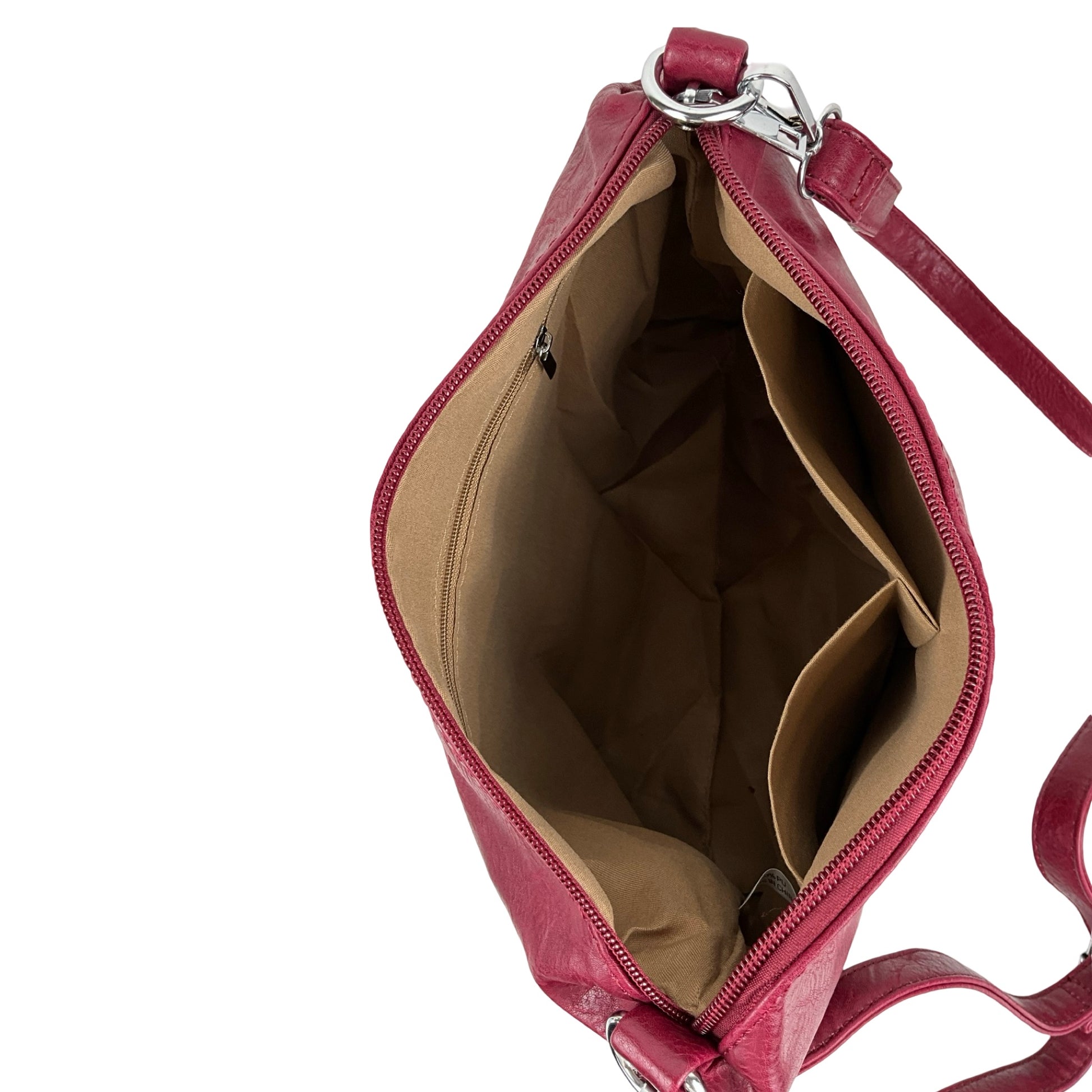 Indersiden af cognac skuldertaske fra Veronica 3-i-1 – organiseret og funktionel opbevaring