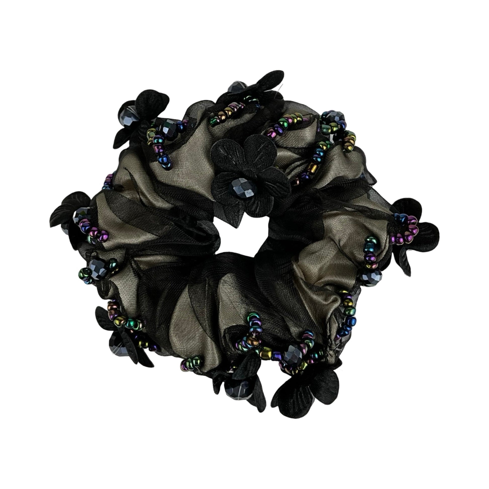 Elegant Scrunchie med Blomster og Sten Rundt Omkring Sort| MAS SELECTION