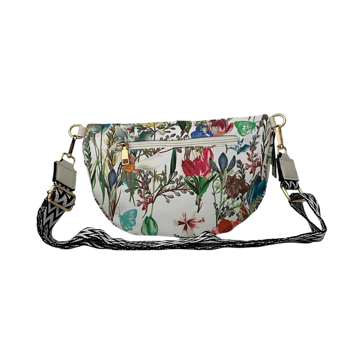 Bagsiden af blomstret bæltetaske / bumbag med beige detaljer – lynlåslomme synlig