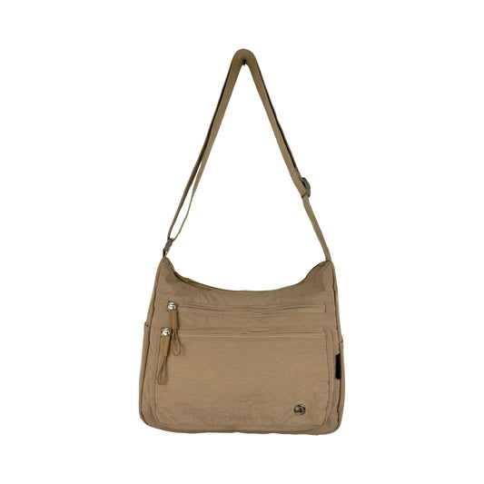 Forfra billede af Asta skuldertaske i khaki – viser design og detaljer