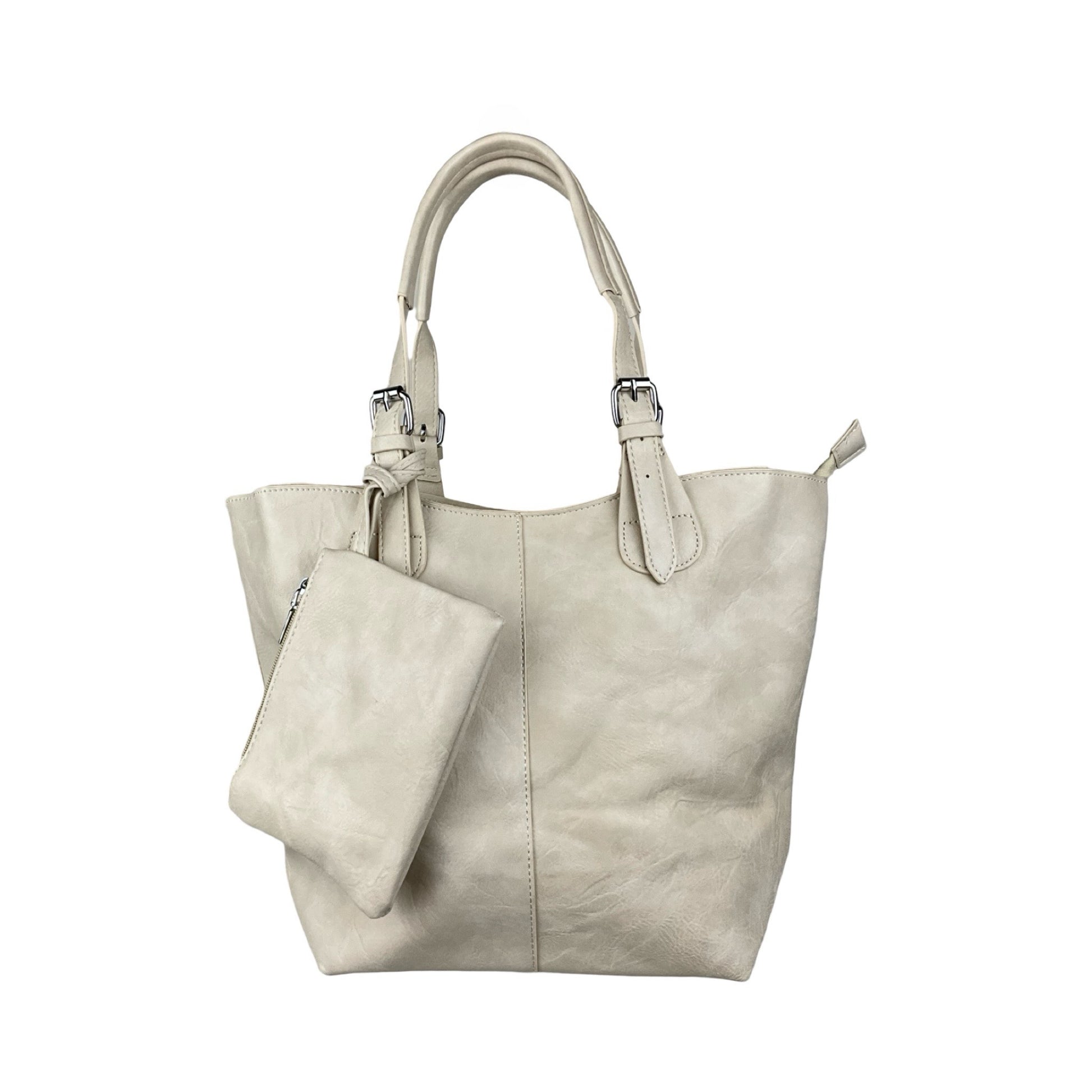 Elisa 3 i 1 shopper dametaske i beige, set forfra med clutch