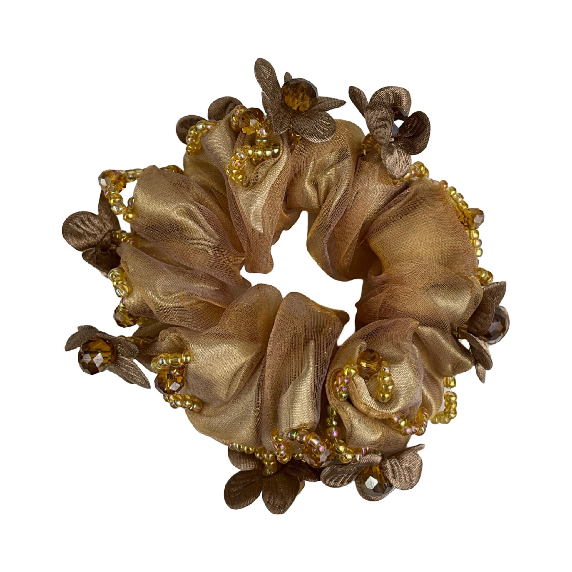 Elegant Scrunchie med Blomster og Sten Rundt Omkring Beige| MAS SELECTION