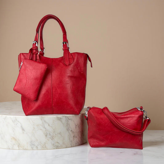 Alle tre dele af Elisa 3 i 1 dametaske i rød – shopper, skuldertaske og clutch vist samlet