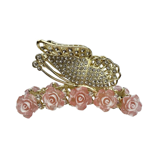 Medium hårklemme med pink roser og sommerfugl | MAS SELECTION