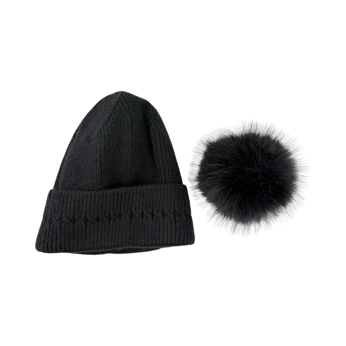 Strikket Hue med Fleece-for og Pompon i Sort