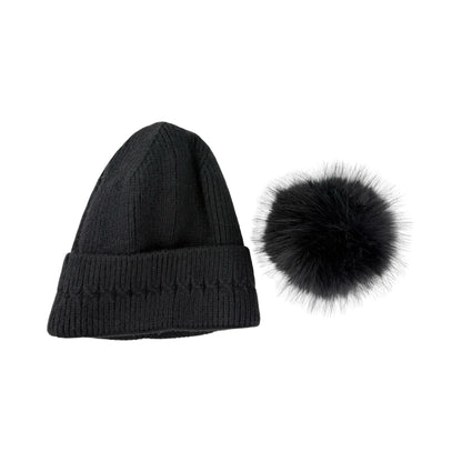 Strikket Hue med Fleece-for og Pompon i Sort
