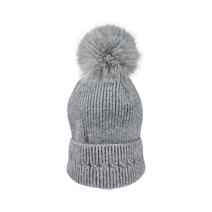 Strikket Hue med Fleece-for og Pompon i Grå