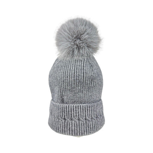 Strikket Hue med Fleece-for og Pompon i Grå