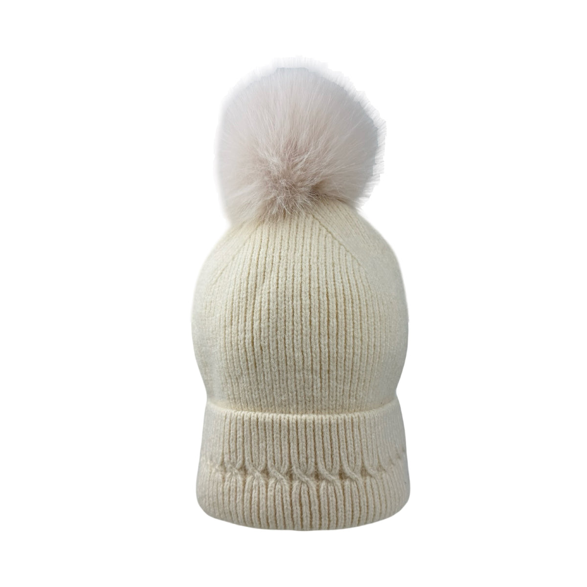 Strikket Hue med Fleece-for og Pompon i Creme