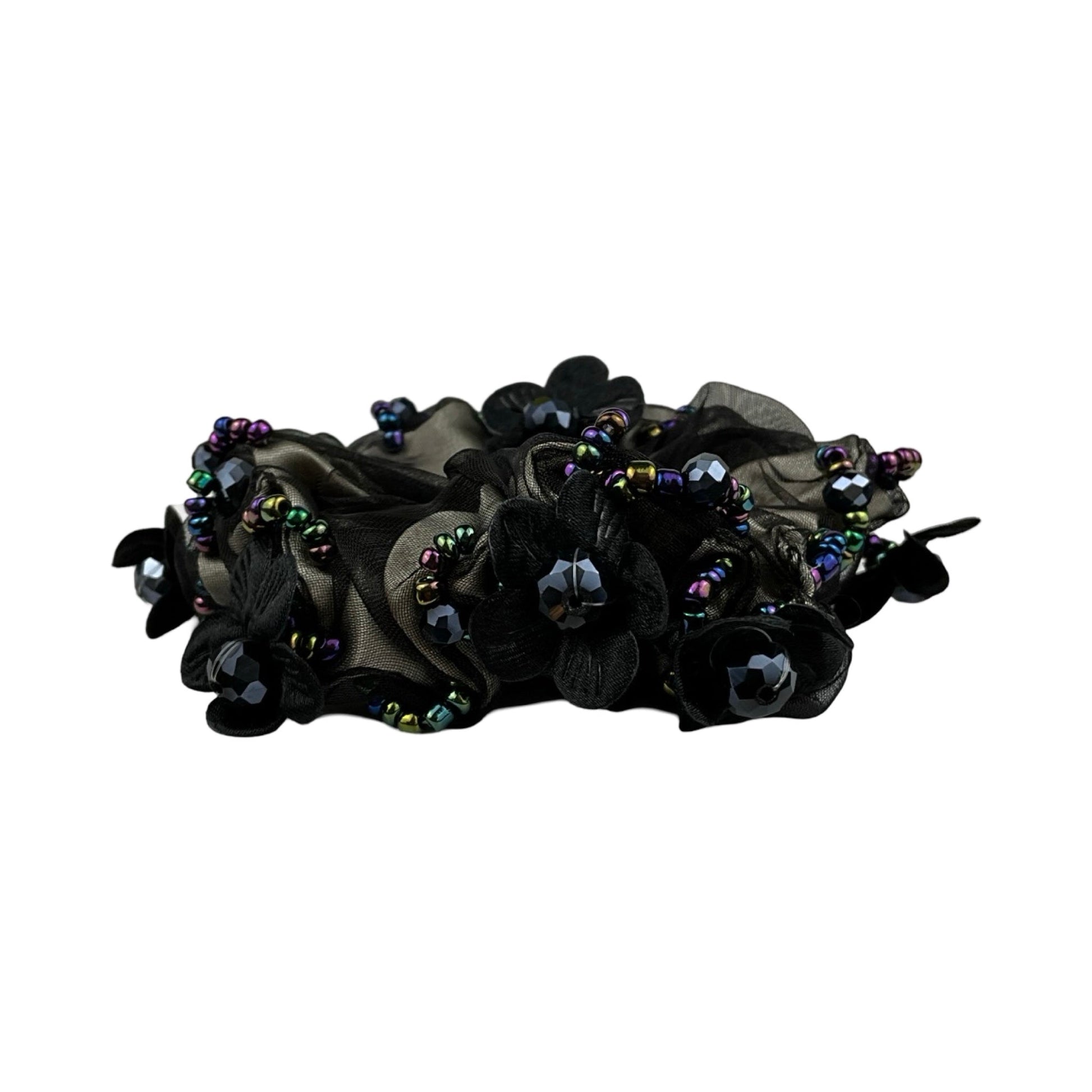 Elegant Scrunchie med Blomster og Sten Rundt Omkring Sort| MAS SELECTION