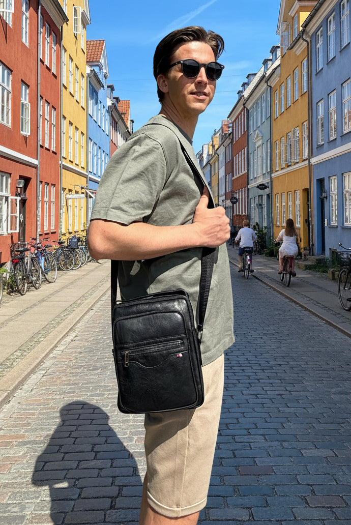 Mandlig model bærer Unisex Messenger Taske i sort over skulderen.