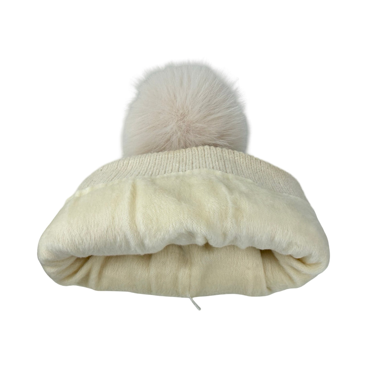 Strikket Hue med Fleece-for og Pompon i Creme