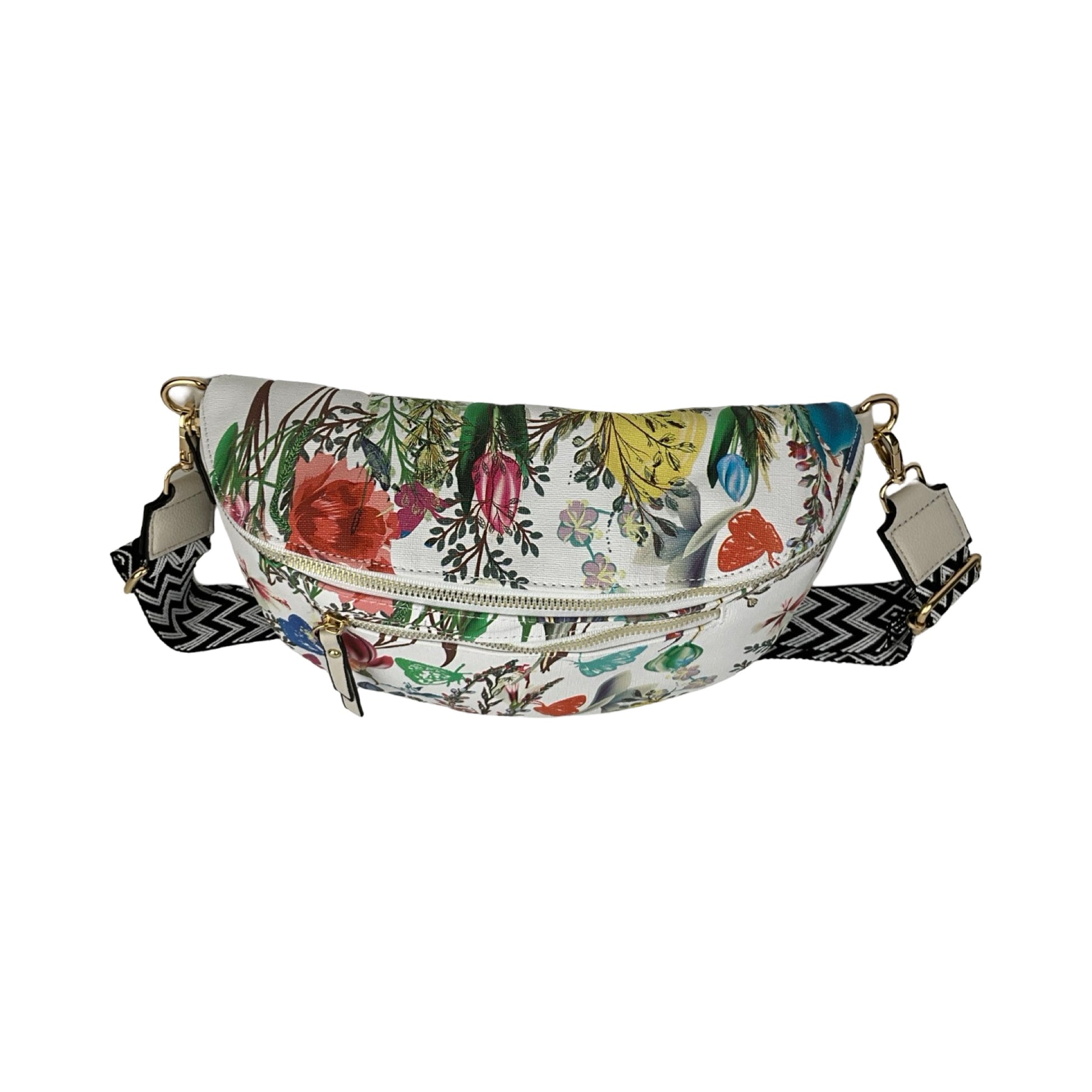 Topvinkel af blomstret bæltetaske / bumbag med beige detaljer
