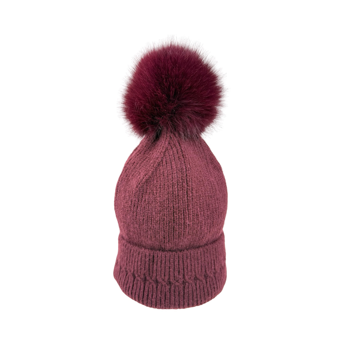 Strikket Hue med Fleece-for og Pompon i Bordeaux