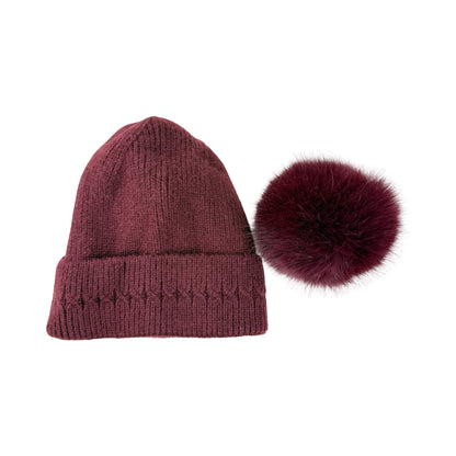 Strikket Hue med Fleece-for og Pompon i Bordeaux