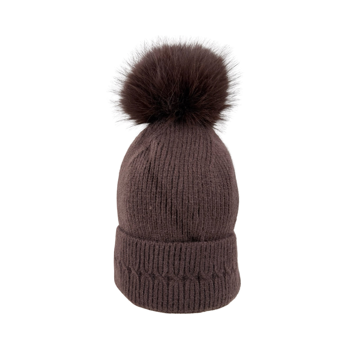 Strikket Hue med Fleece-for og Pompon i Brun
