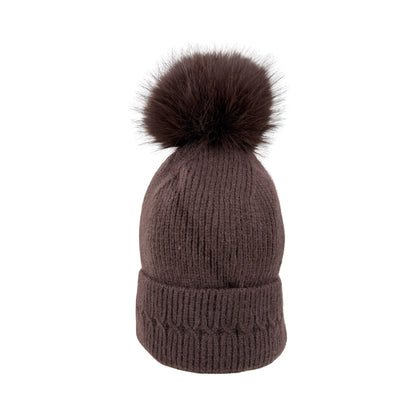 Strikket Hue med Fleece-for og Pompon i Brun