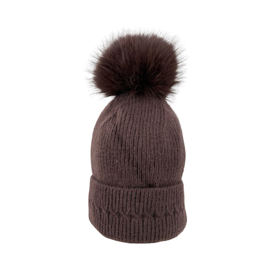 Strikket Hue med Fleece-for og Pompon i Brun