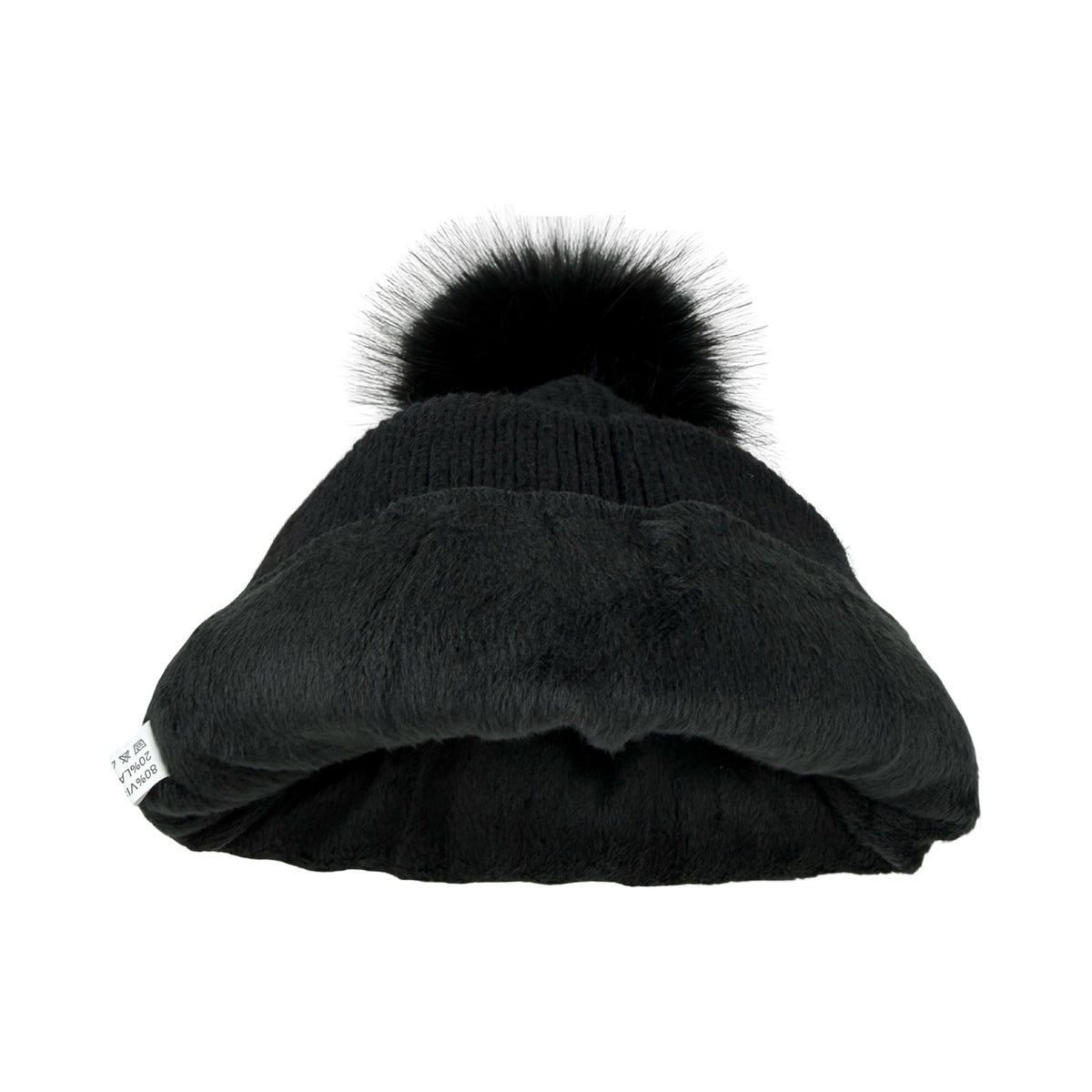 Strikket Hue med Fleece-for og Pompon i Sort