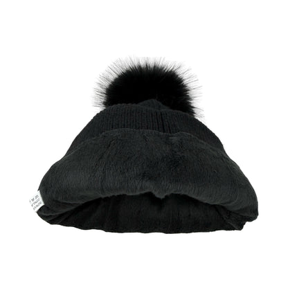 Strikket Hue med Fleece-for og Pompon i Sort