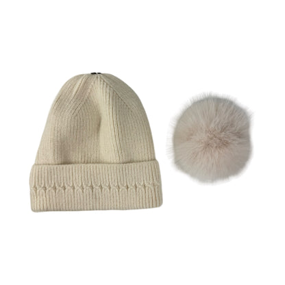 Strikket Hue med Fleece-for og Pompon i Creme