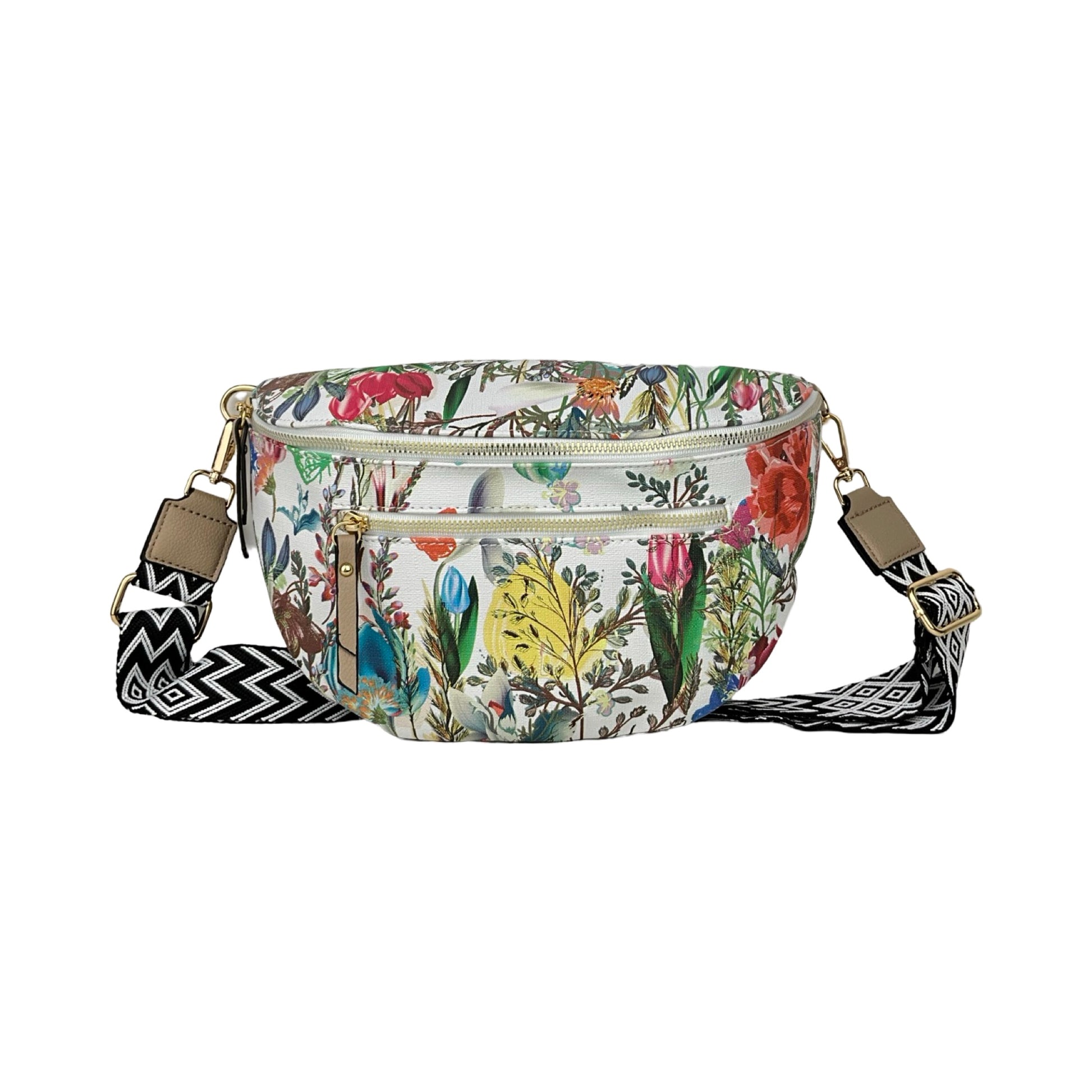 Blomstret bæltetaske / bumbag med khaki detaljer – forside 