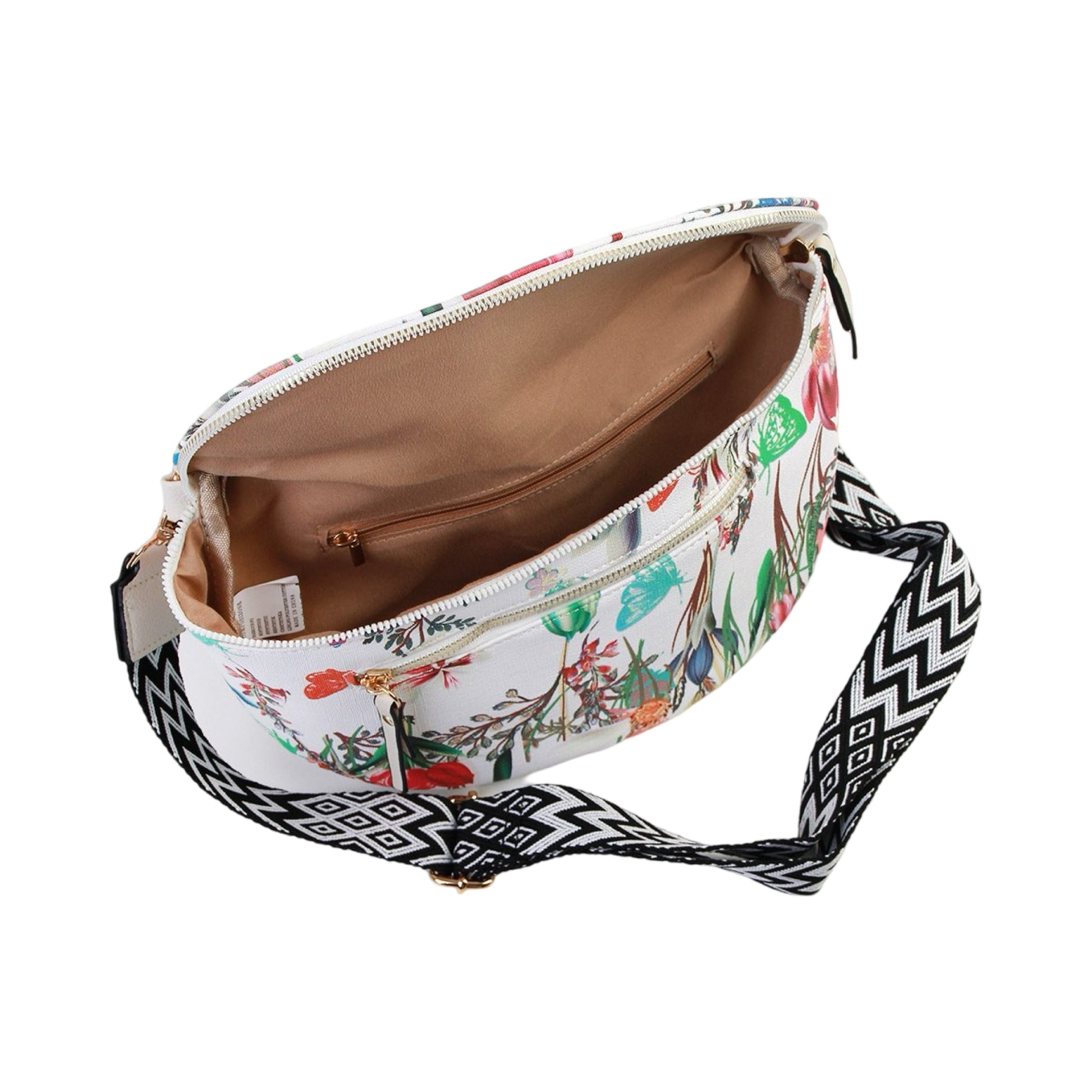 Blomstret bæltetaske / bumbag set oppefra med åben lynlås – visning af det indvendige rum