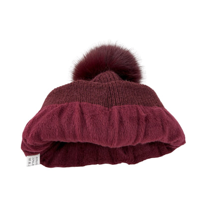 Strikket Hue med Fleece-for og Pompon i Bordeaux