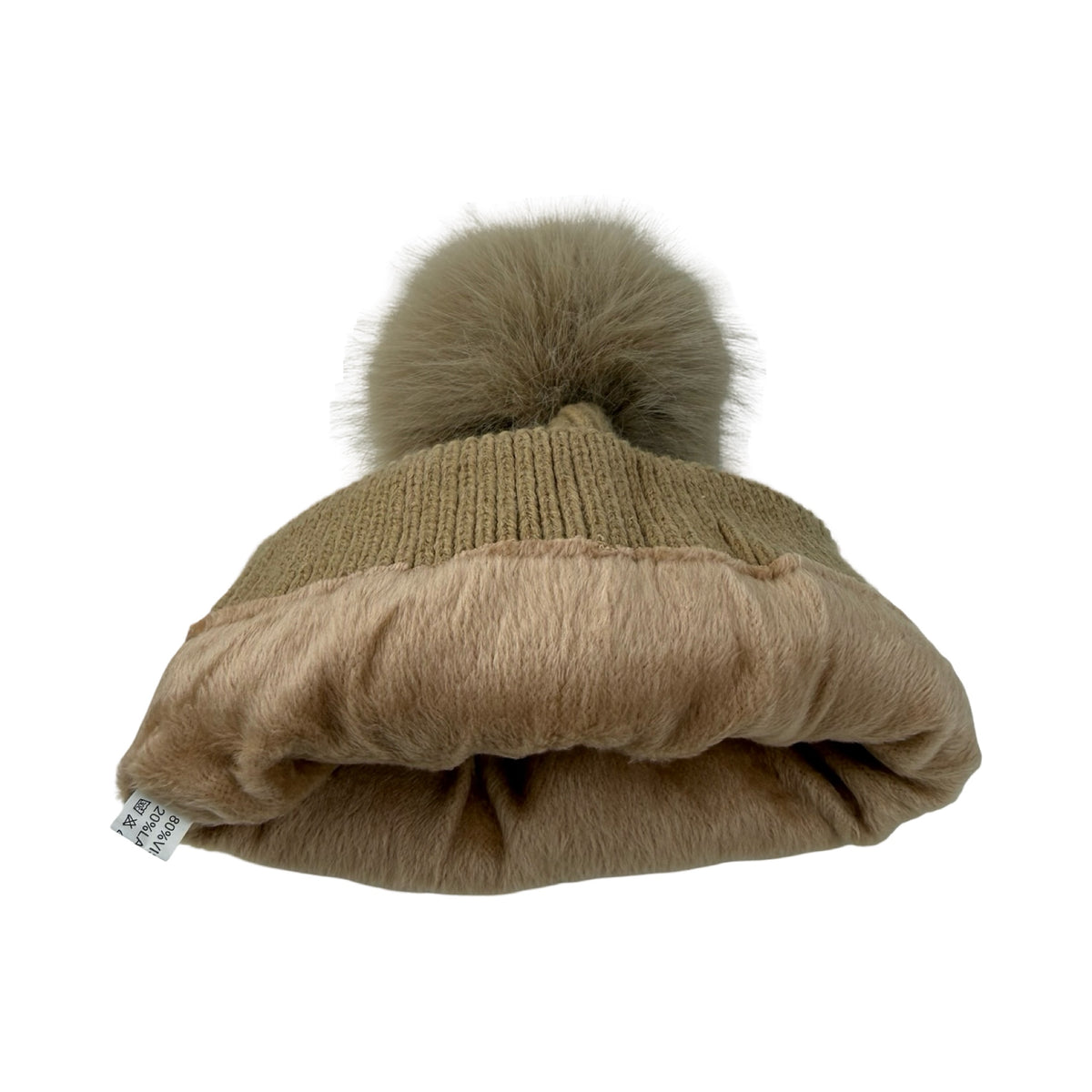 Strikket Hue med Fleece-for og Pompon i Beige